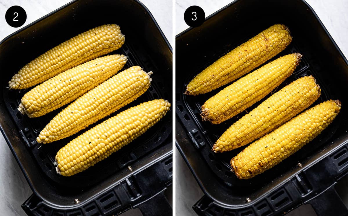 Roasting corn in the air fryer from the top view