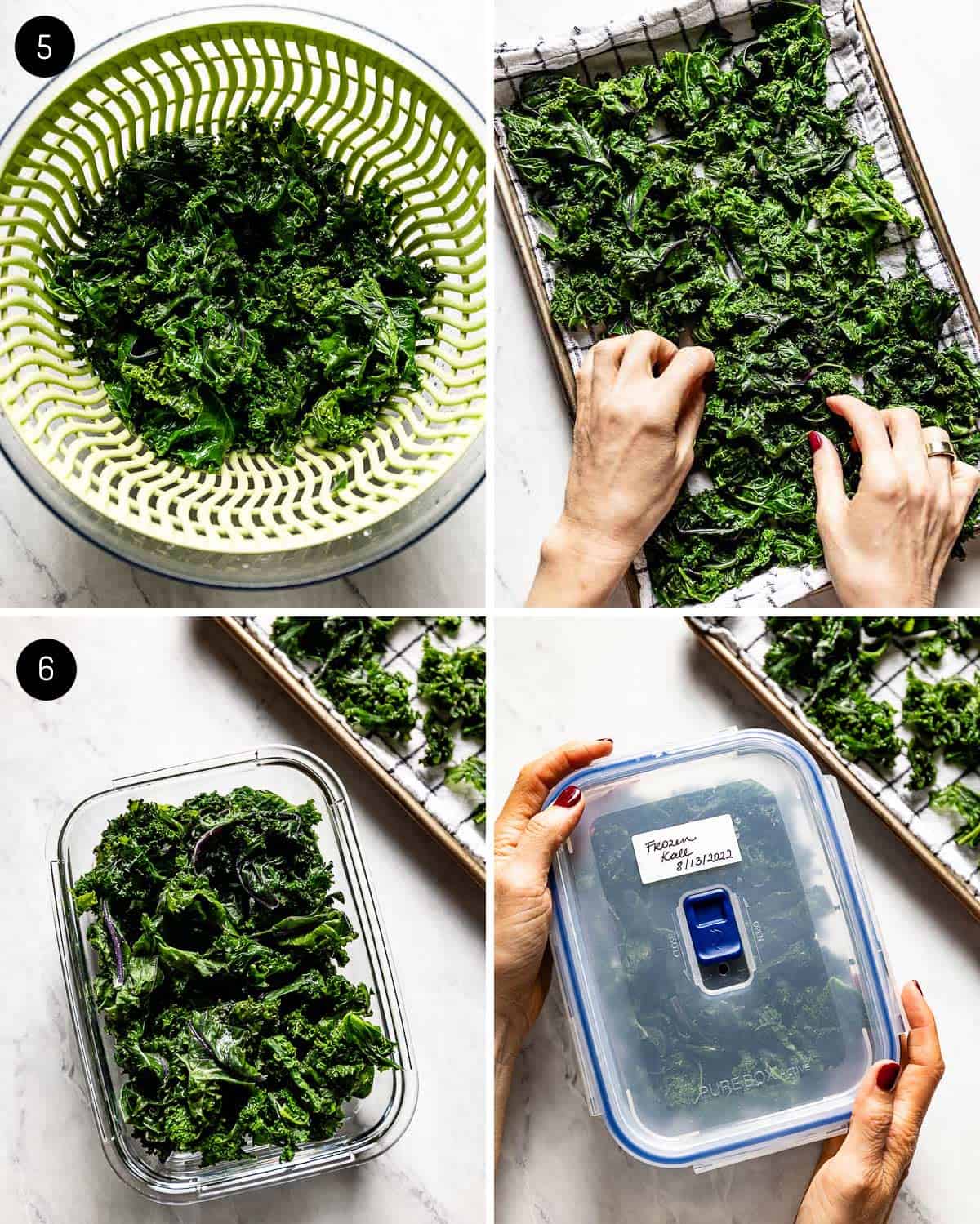 A person drying kale leaves and storing them in an airtight container.