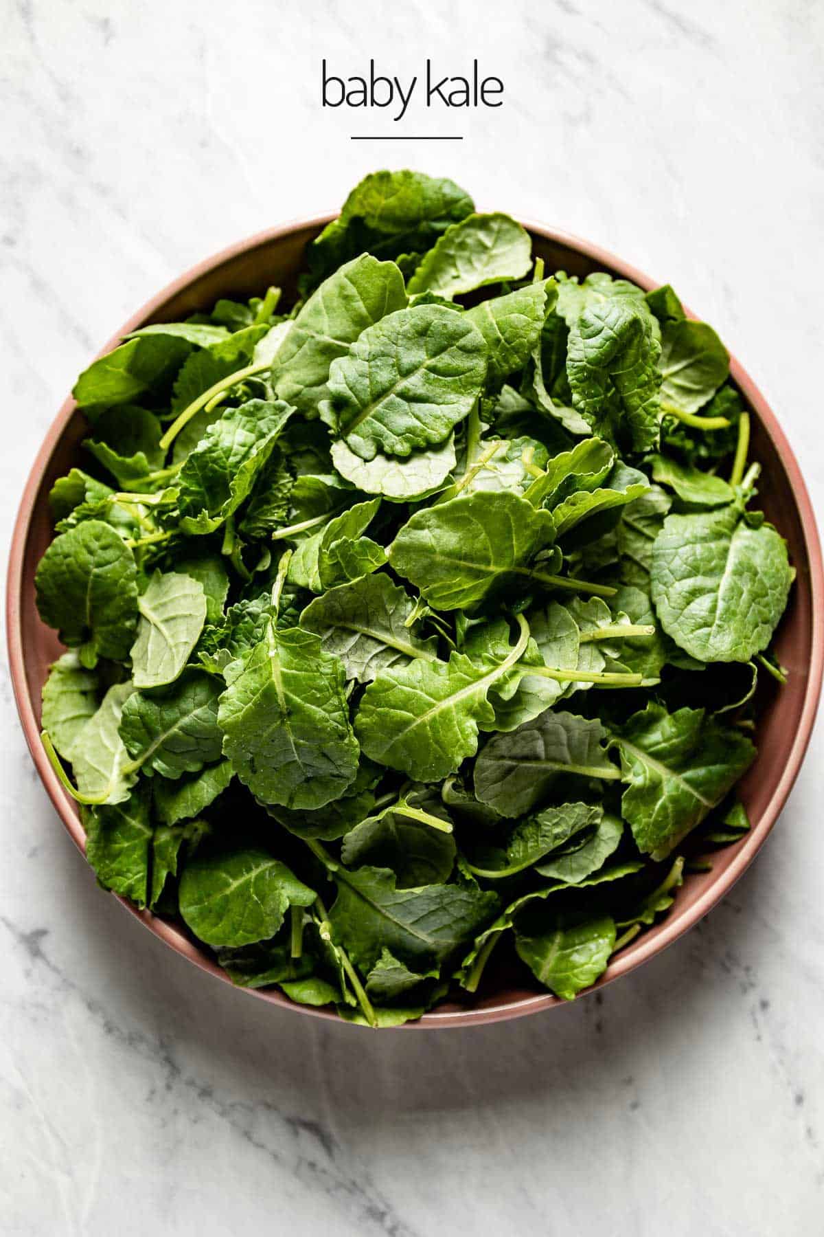 A bowl of baby kale leaves from the top view. 