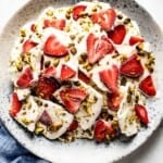 frozen yogurt bark recipe with berries and nuts on a plate from the top view