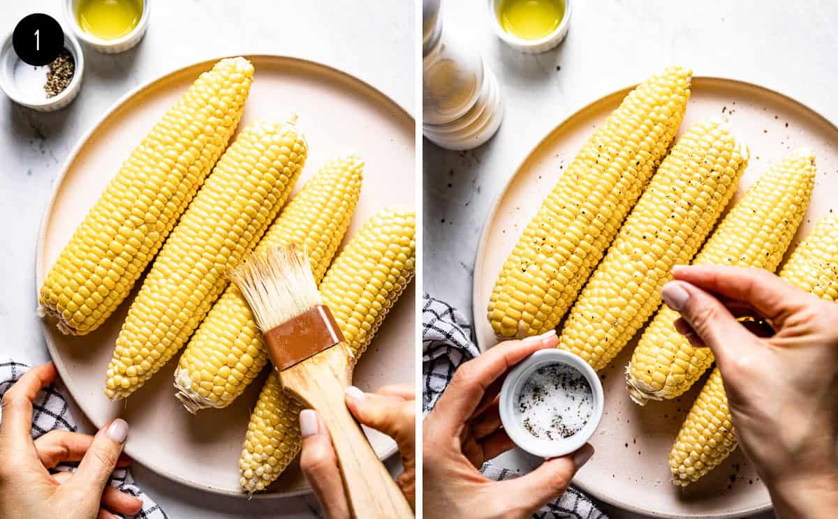 Person brushing oil on corn and adding salt and pepper from the top view