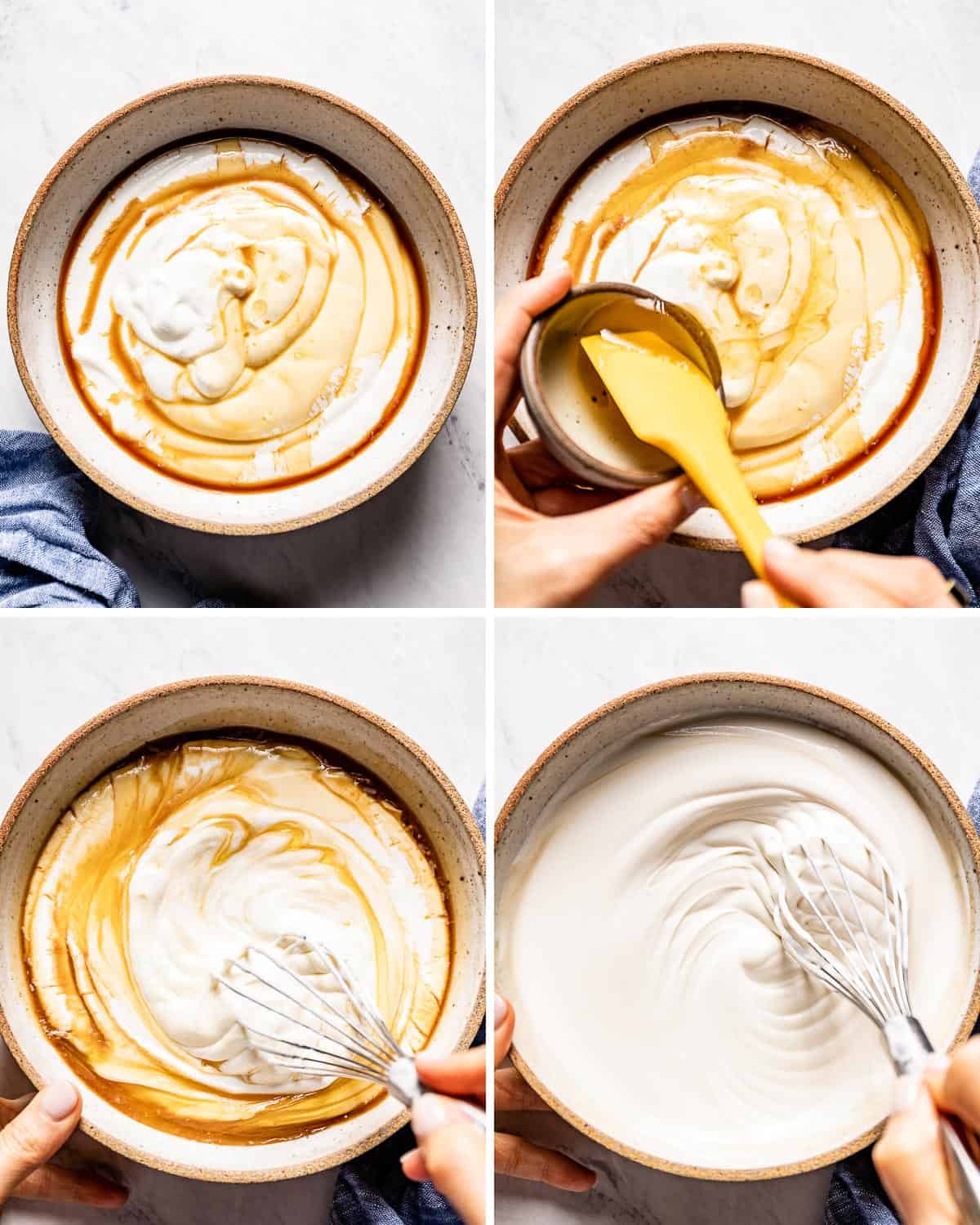 person showing how to make vanilla yogurt from plain yogurt in a photo collage