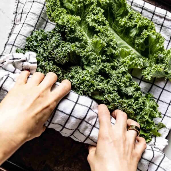 A person rolling up fresh kale in a kitchen towel from the top view.
