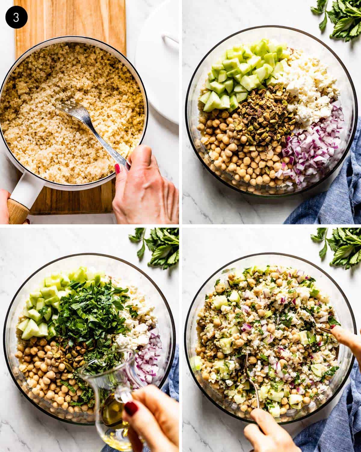A person showing how to assemble a bulgur salad with veggies, herbs, cheese, and pistachios. 