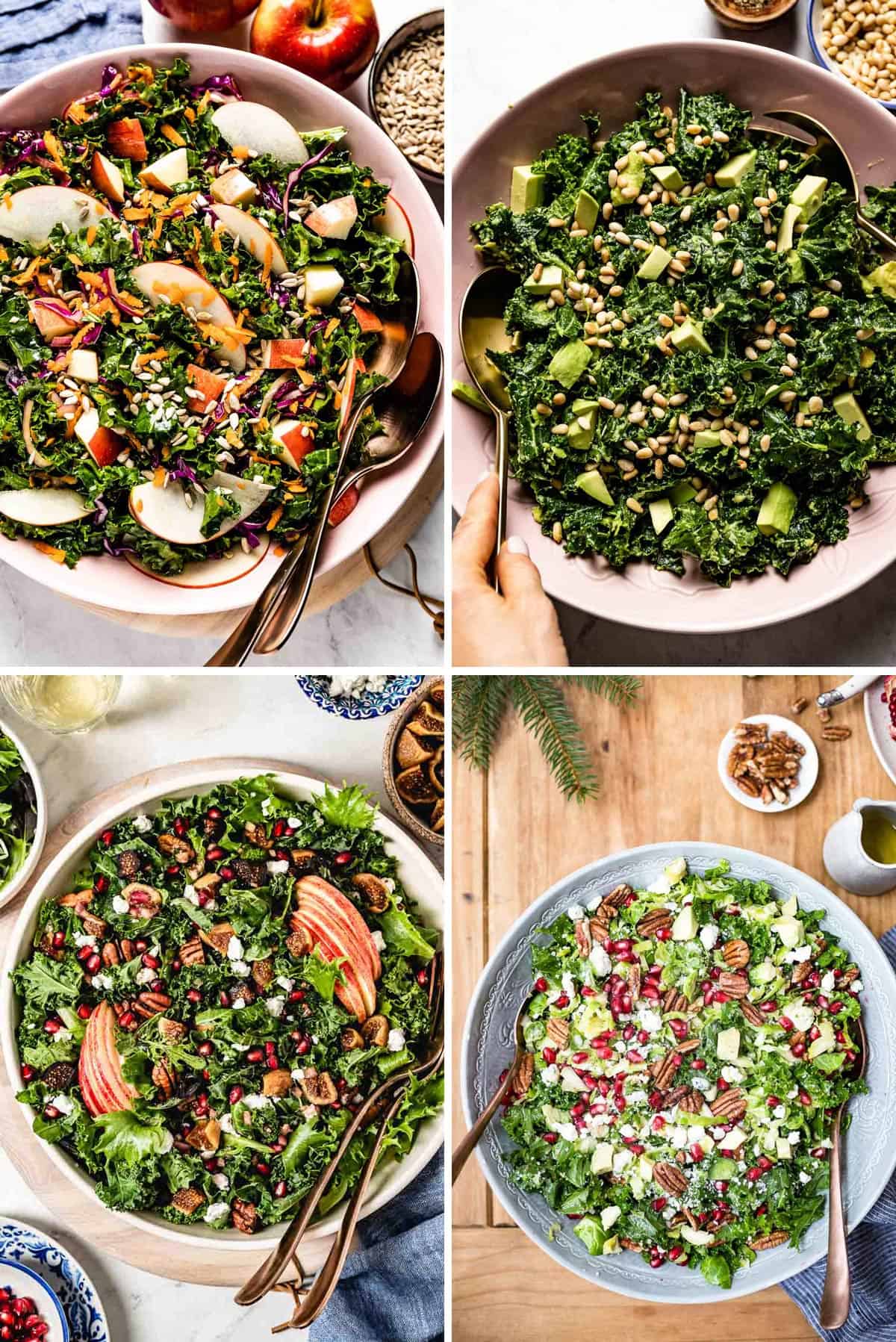 A collage of 4 salads with kale from the top view.