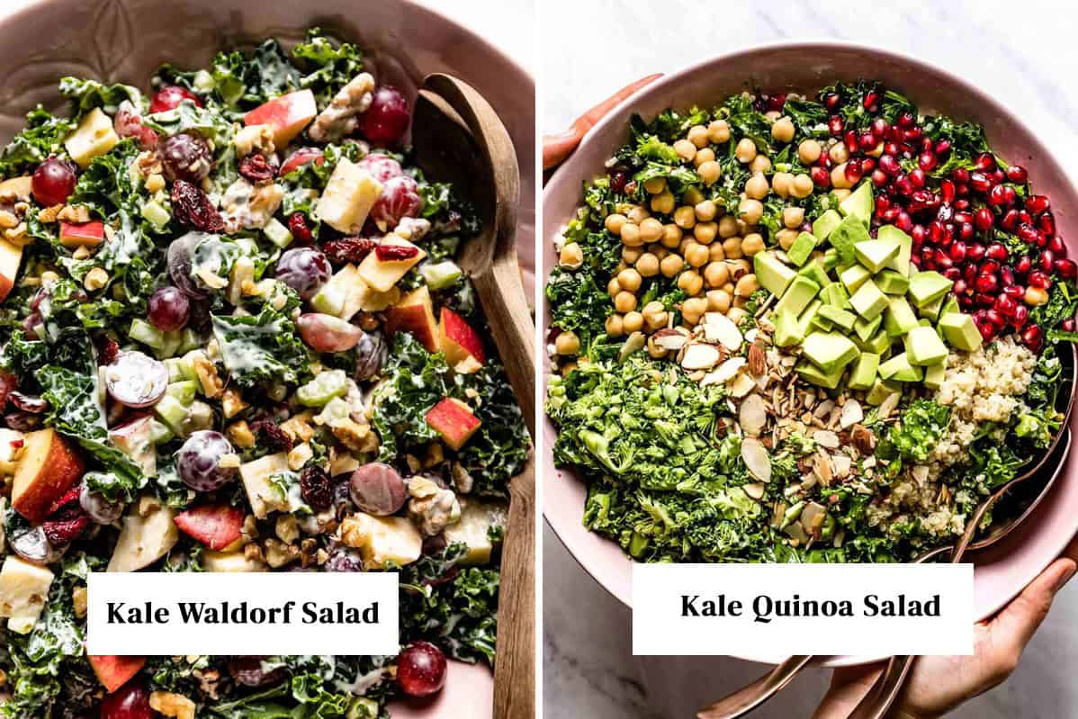 More ways to use massaged kale: a sweet Kale Waldorf Salad with grapes and a plant protein-packed Kale Quinoa Salad with chickpeas.
