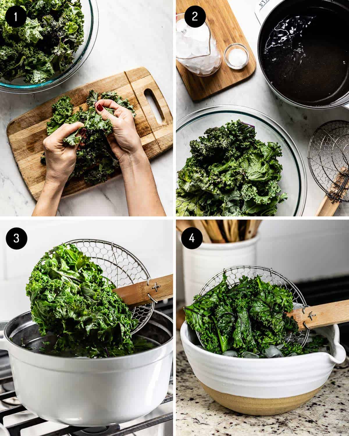 A person showing how to blanch kale from the top view.