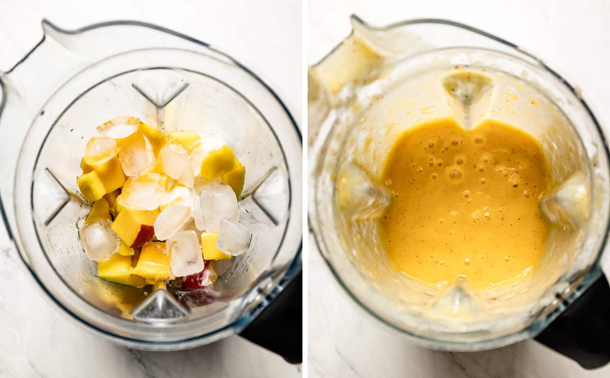 A blender with ingredients for a smoothie with mango and peach from the top view. 