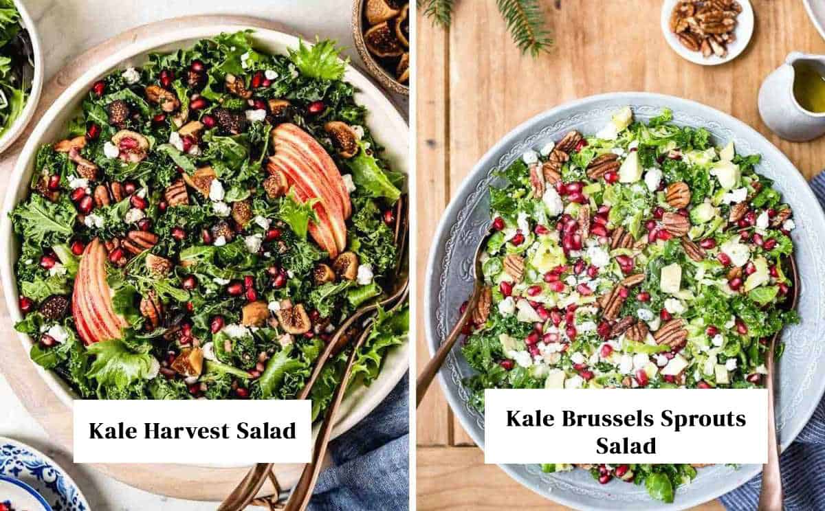Recipe ideas for massaged kale: a bowl of Harvest Kale Salad with dried figs and a side of Kale Brussels Sprouts Salad with pomegranate arils.