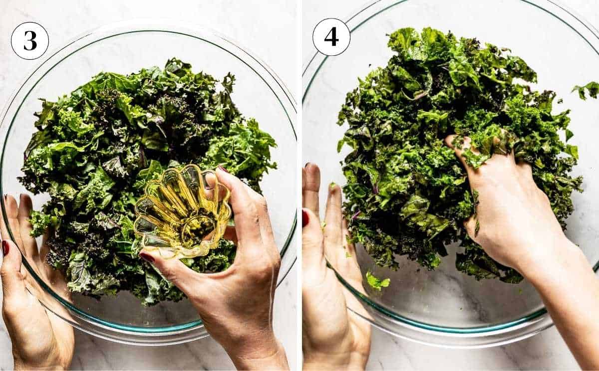 The massage process: drizzling olive oil over chopped kale and rubbing leaves by hand.