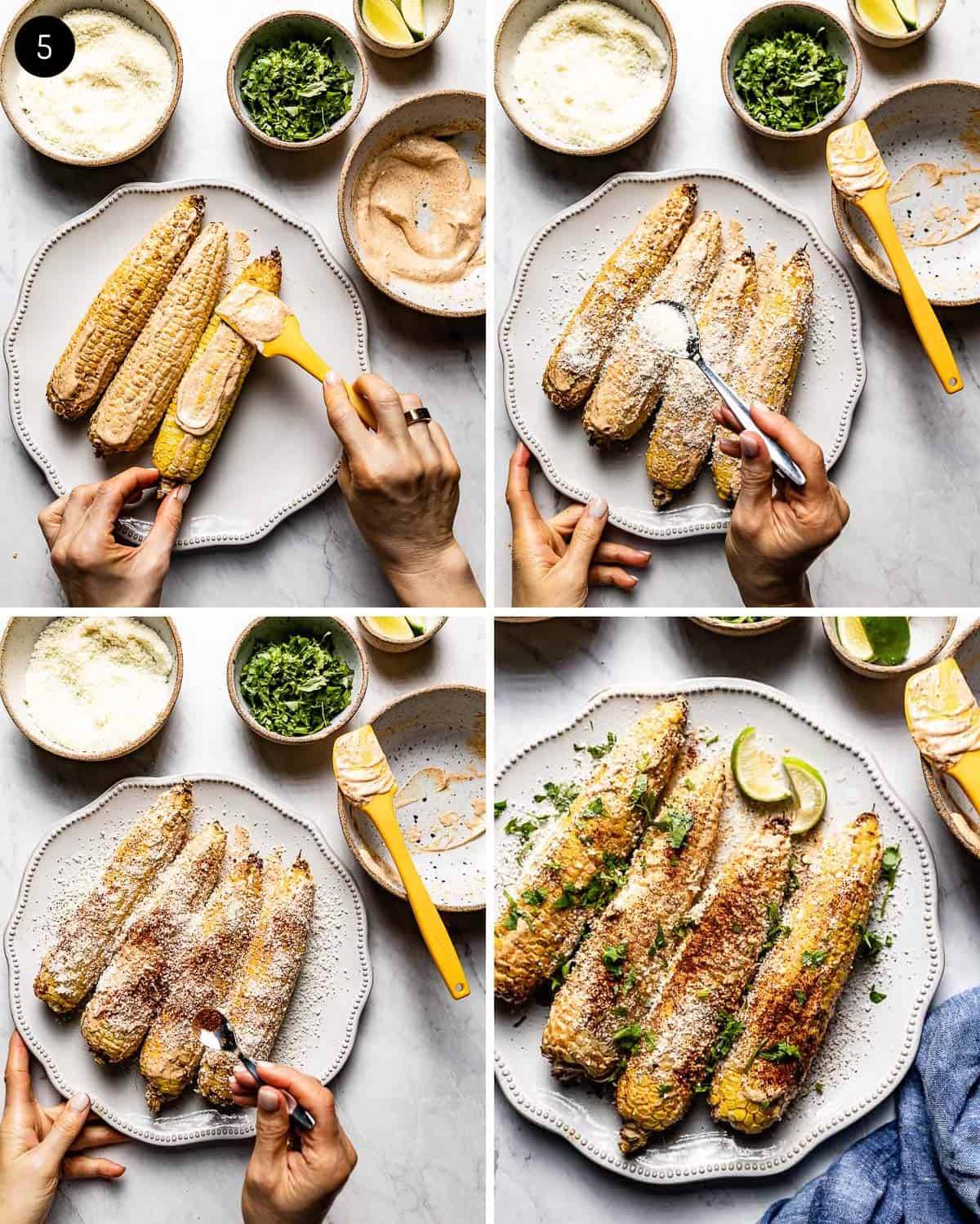 person adding toppings to Mexican corn