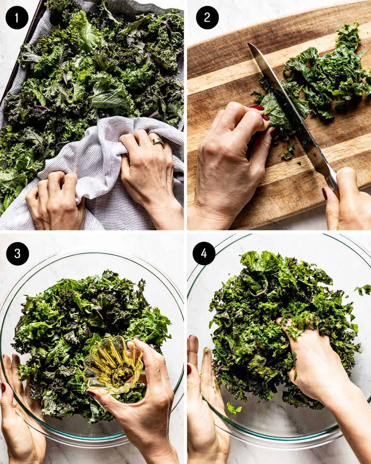 A person showing how to prepare and massage kale from the top view.