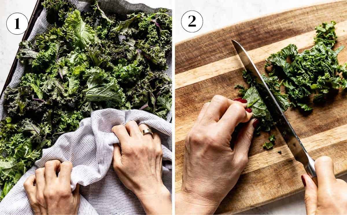 Steps to prepare kale: drying leaves with a towel and chopping with a knife.