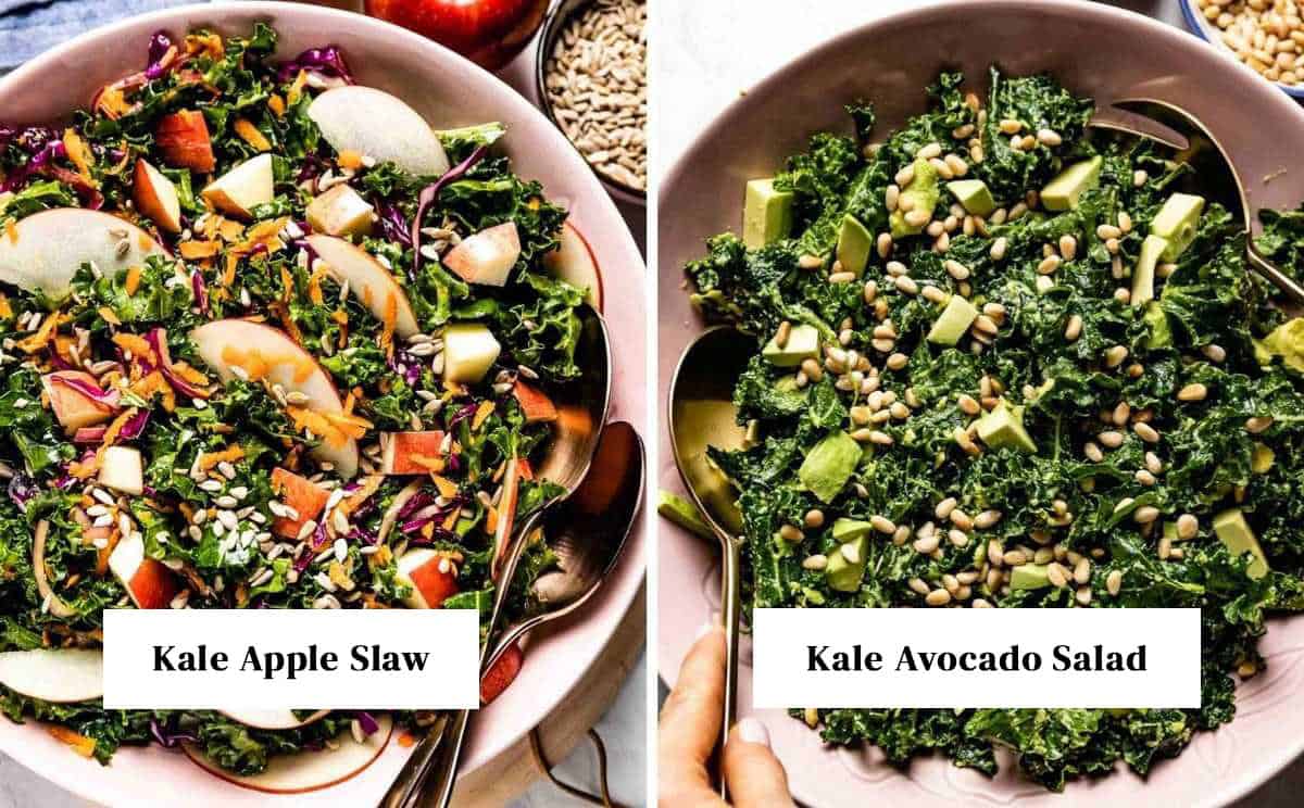 Variations for massaged kale salads: a crunchy Kale Apple Slaw with sunflower seeds and a creamy Kale Avocado Salad with pine nuts.