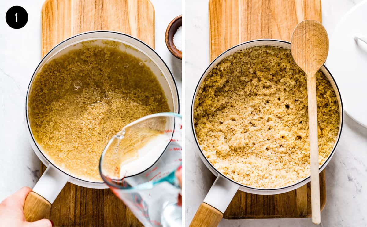 A person showing how to cook bulgur from the top view for the Jennifer salad. 