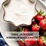 vanilla Greek yogurt recipe in a bowl with strawberries on the side from top view