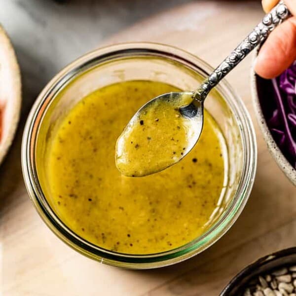 Maple dijon dressing in a jar.