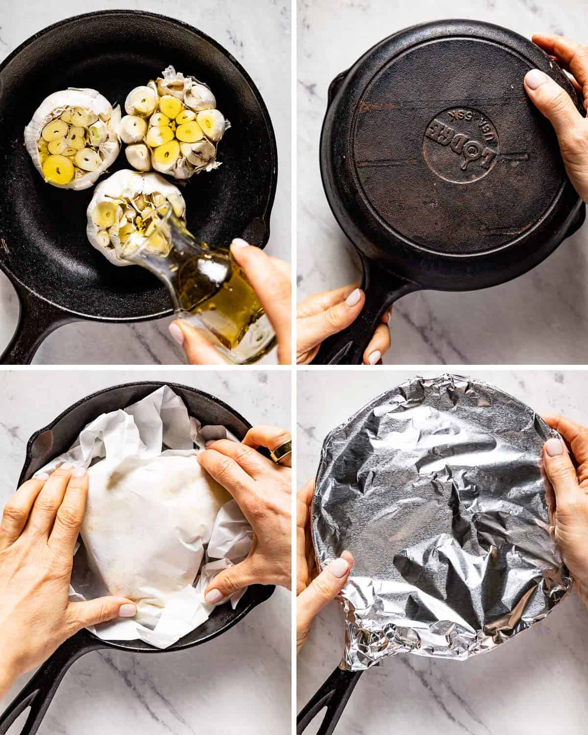 A person showing how to roast garlic in a cast iron skillet from the top view. 