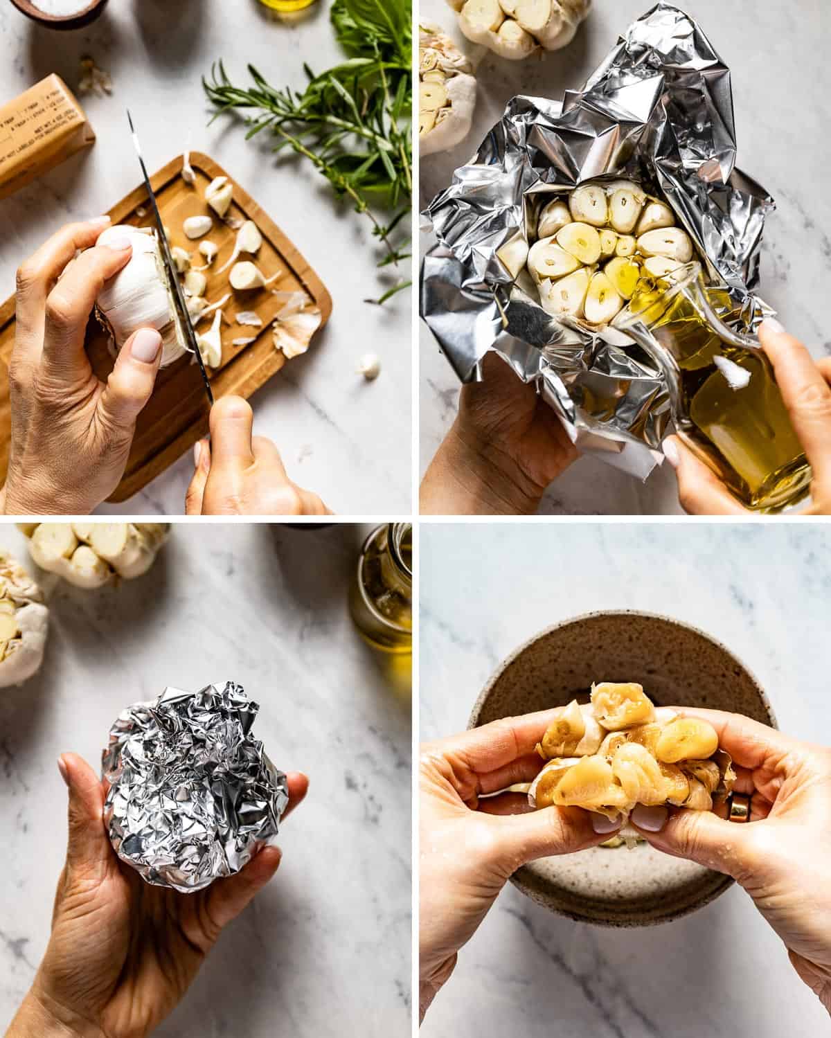 A person showing how to roast garlic in aluminum foil from the top view. 