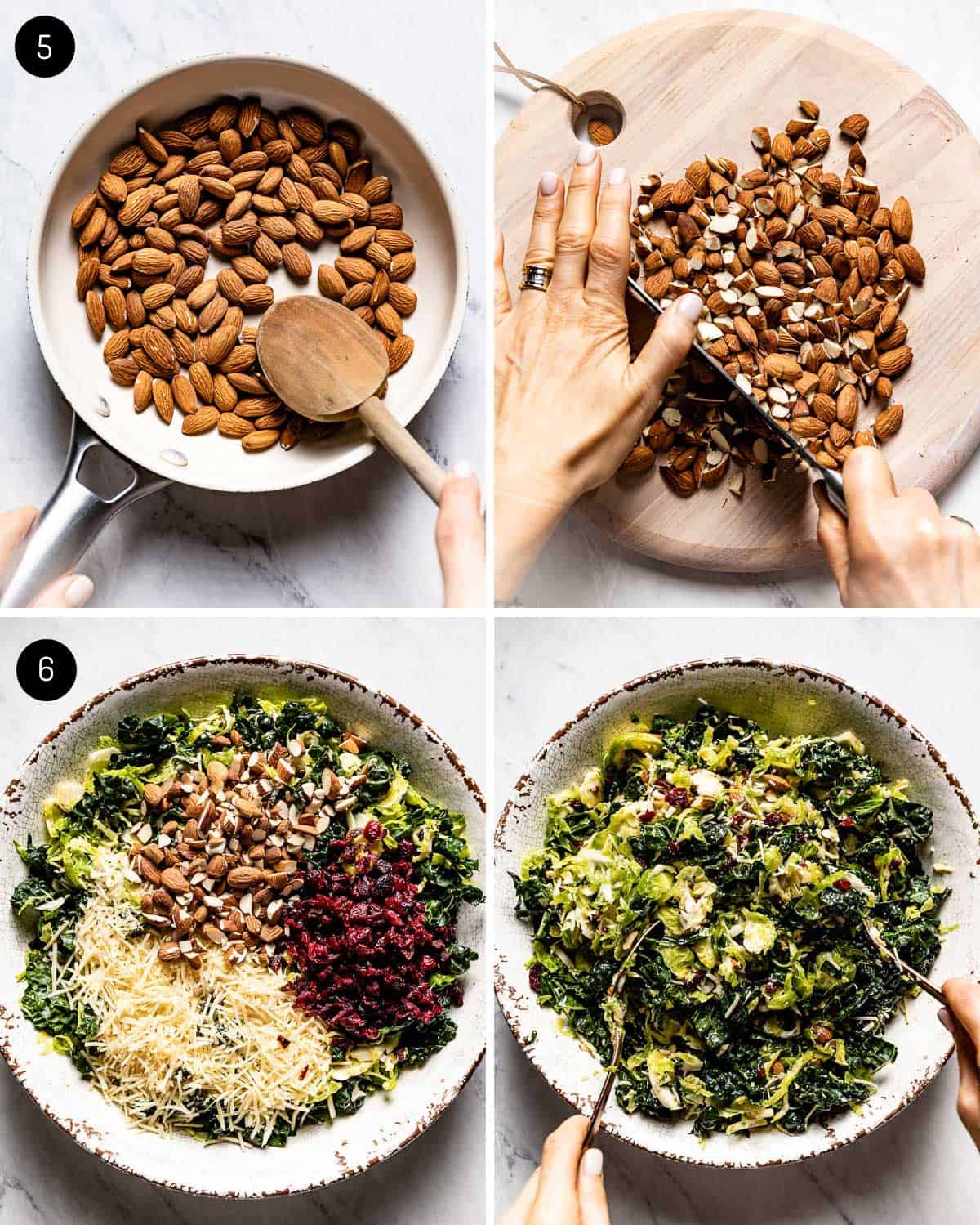 A person showing how to assemble a kale salad with toasted almonds from the top view.