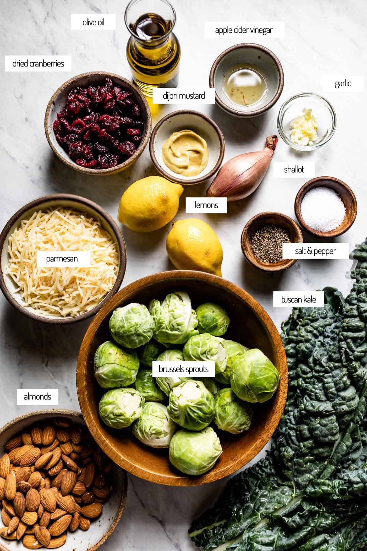ingredients for a kale salad with Brussels sprouts from the top view.