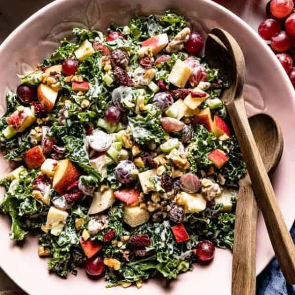 Kale waldorf salad from the top view.