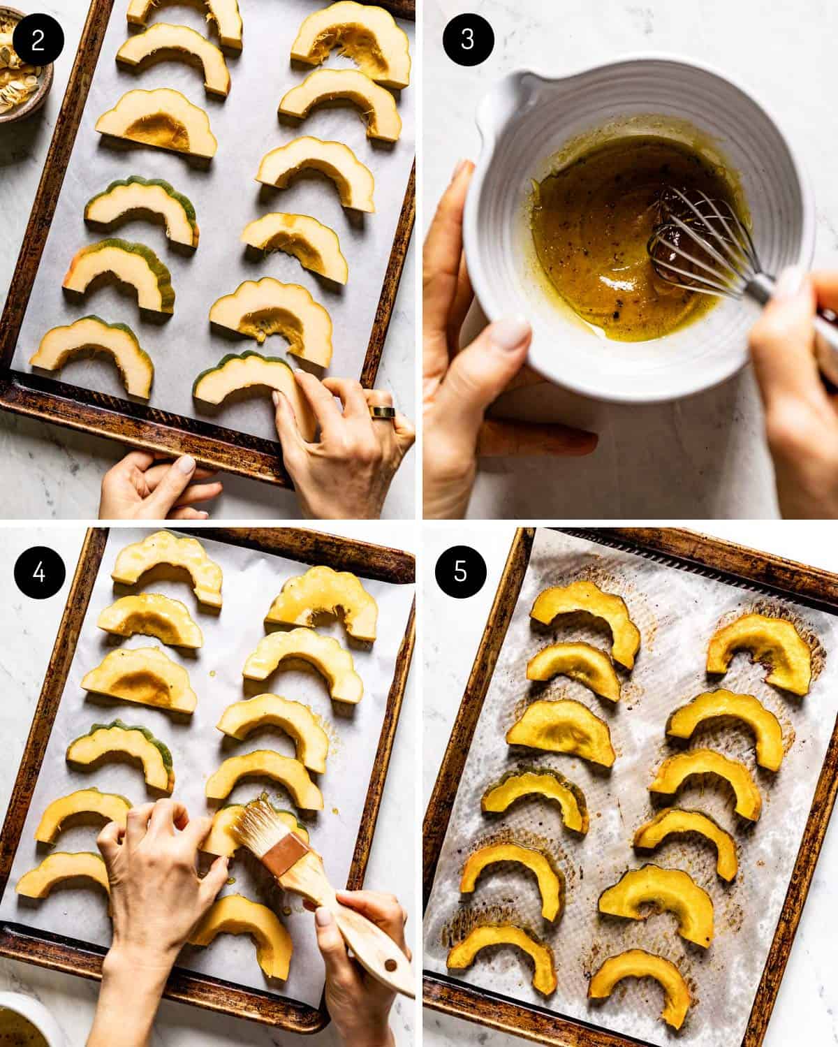 A person showing how to roast squash slices in the oven. 