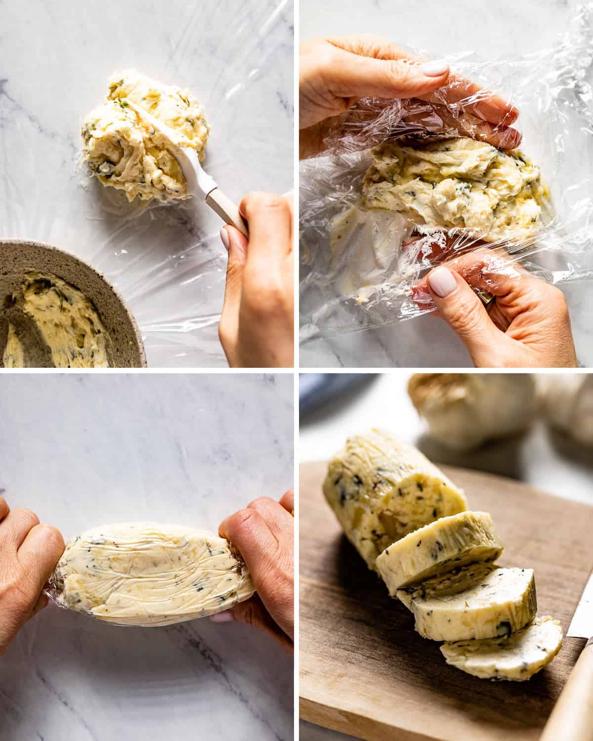 A person showing how to roll garlic compound butter into a log.