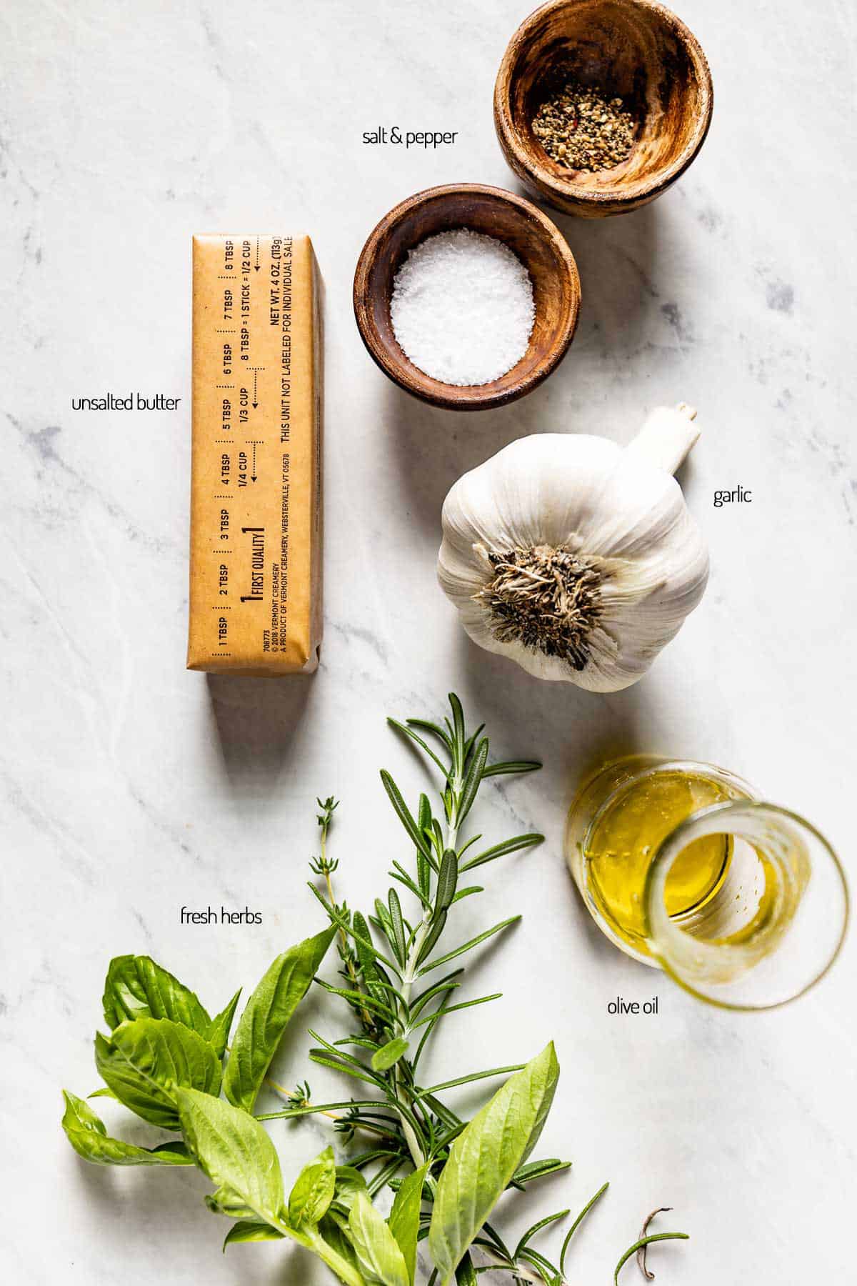 Ingredients for roasted garlic butter from the top view.