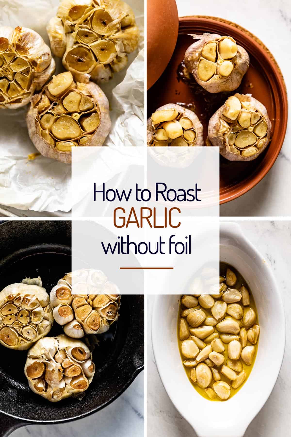 A collage of images showing how to roast garlic without the use of foil. 