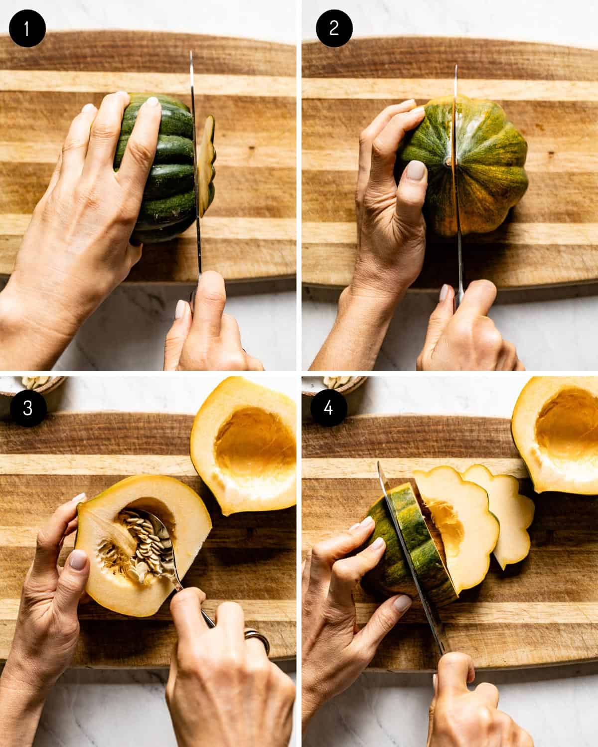 A person showing how to cut an acorn squash from the top view.