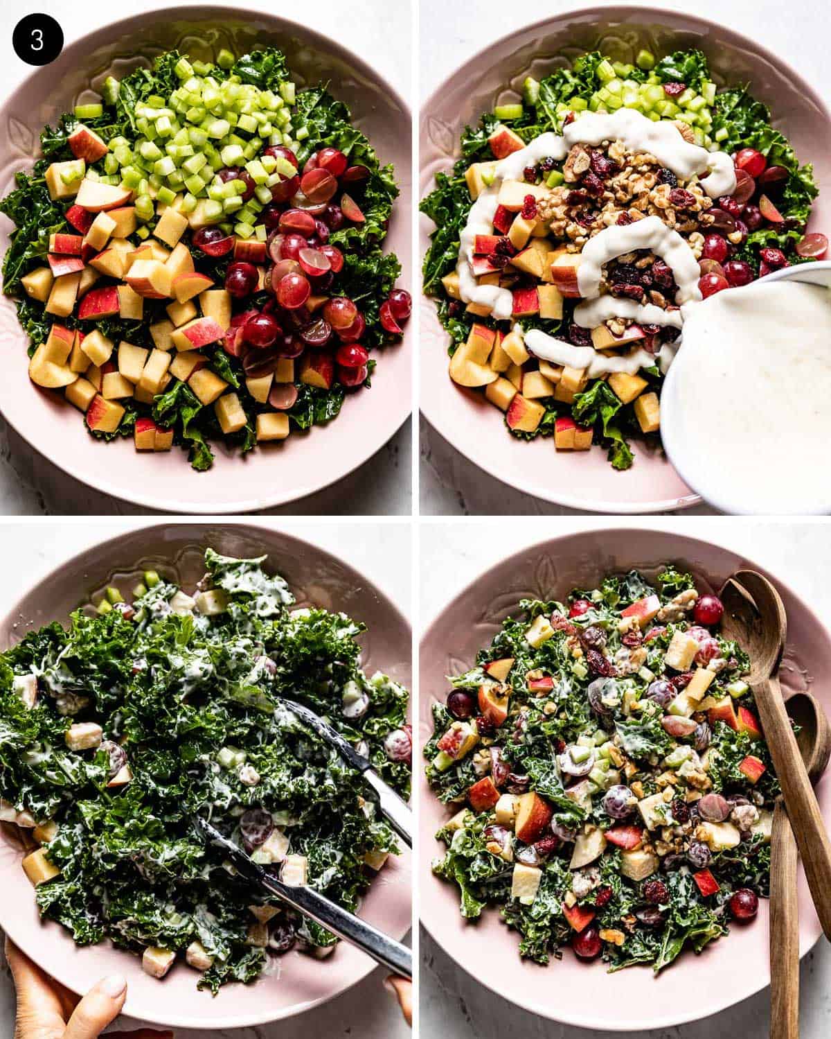 A collage of images showing how to make a kale salad from the top view.