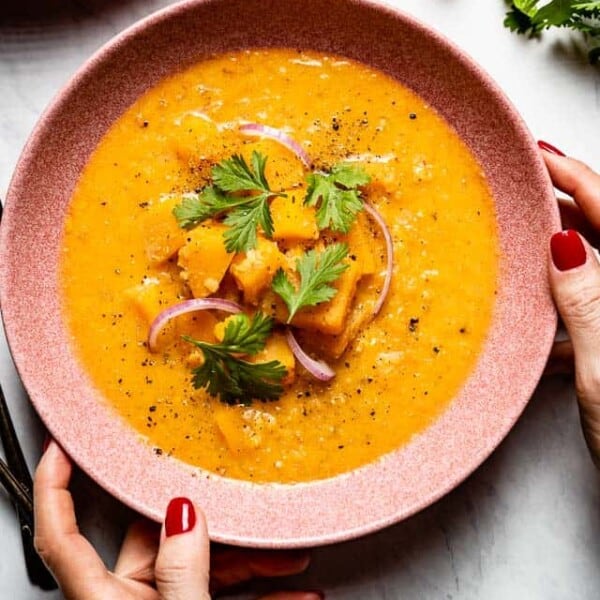 Butternut squash thai curry from the top view.