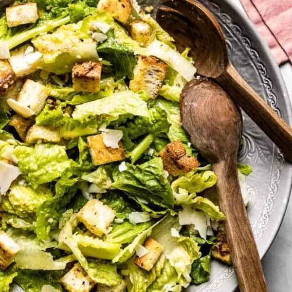 Classic caesar salad from the top view.