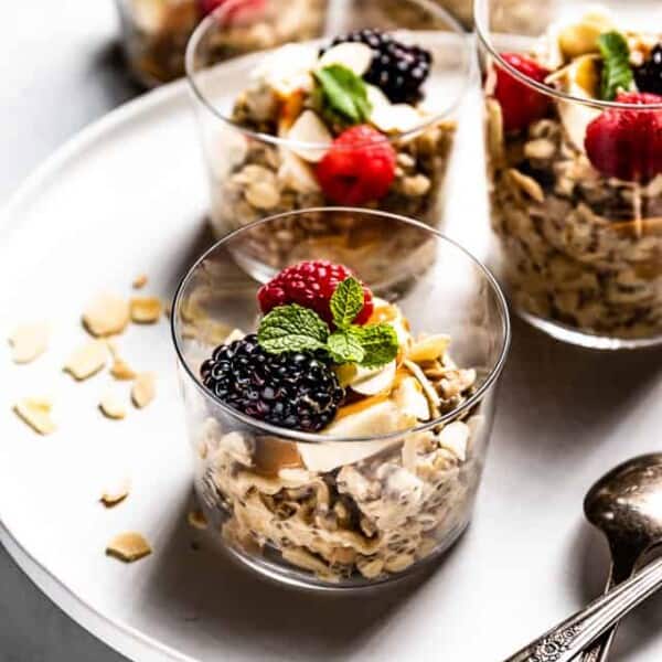 Dairy free overnight oats from the side view.