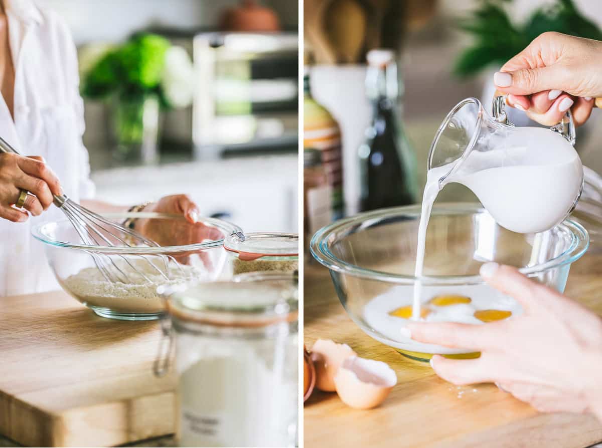 person whisking dry and wet ingredients in bowls in two side by site images.