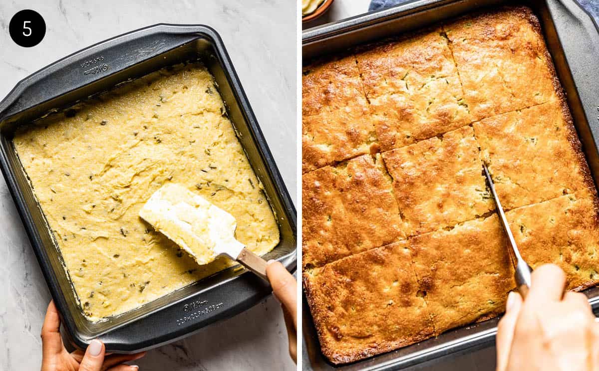 A person spreading cornbread mix into a pan and then baking it in the oven.