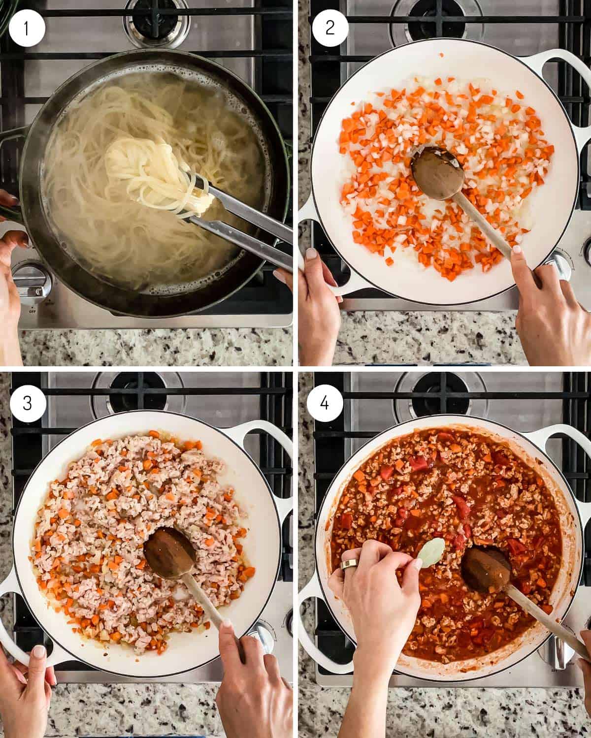 A person cooking pasta and making a meat sauce from the top view.