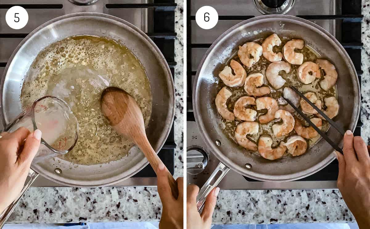A person cooking shrimp in a sauce with garlic and butter from the top view.