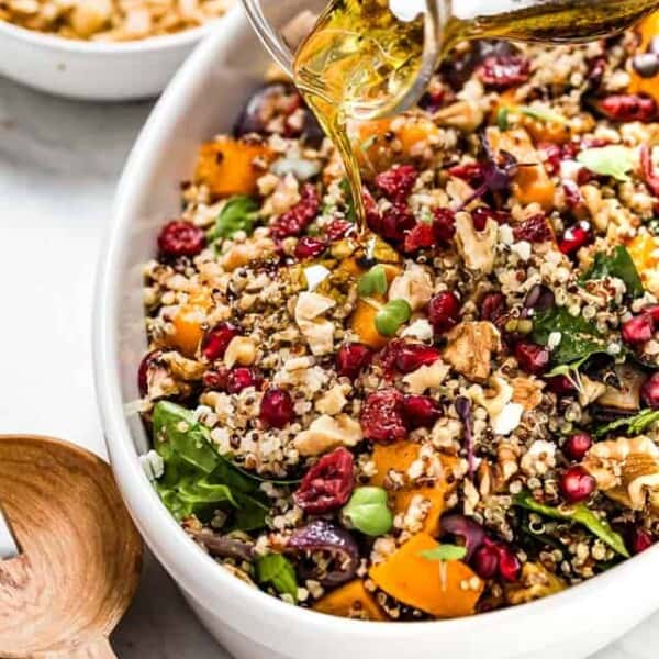 Roasted butternut squash quinoa salad from the top view.