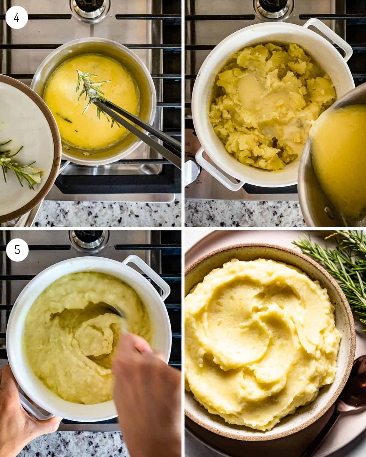 A person adding rosemary infused butter to mashed potatoes on the stove.