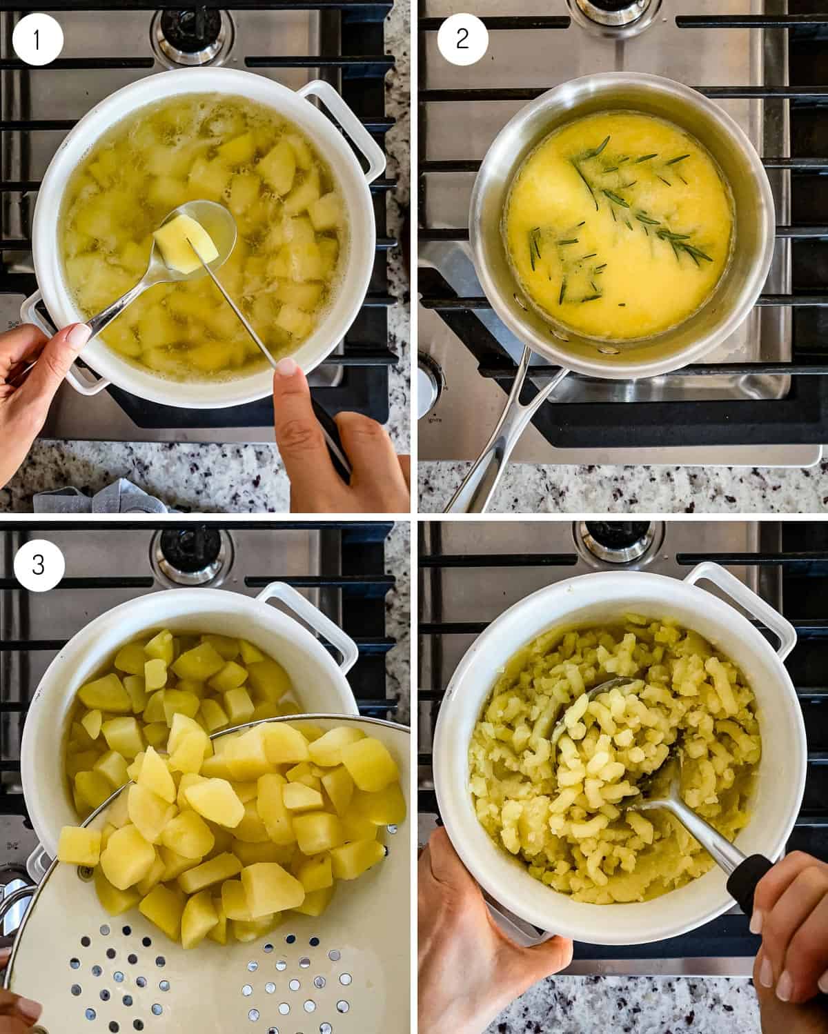 A person showing how to boil potatoes on the stove from the top view.