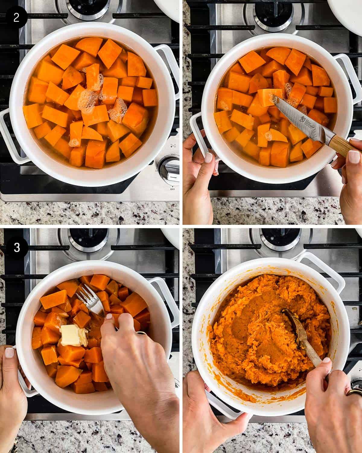 A person showing how to boil and mash sweet potatoes from the top view.