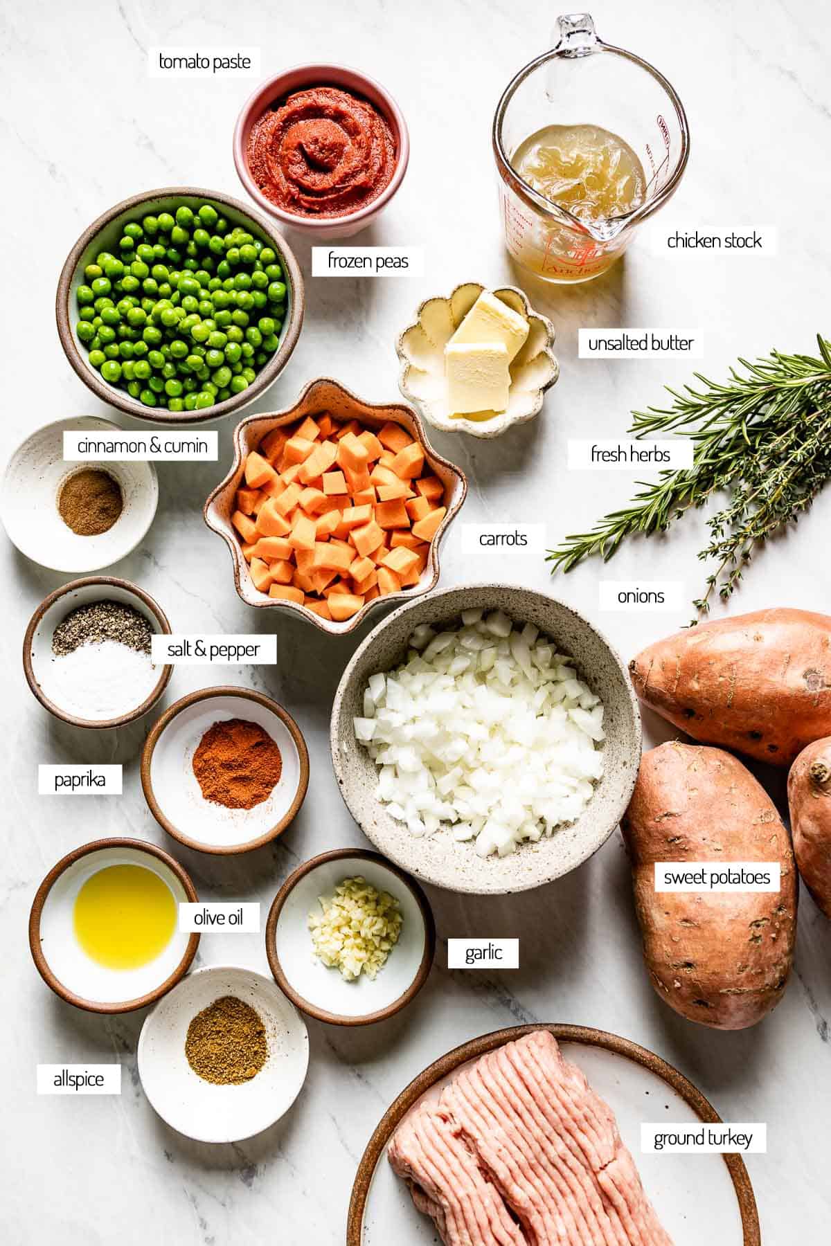 Ingredients for a turkey pie with sweet potatoes from the top view.