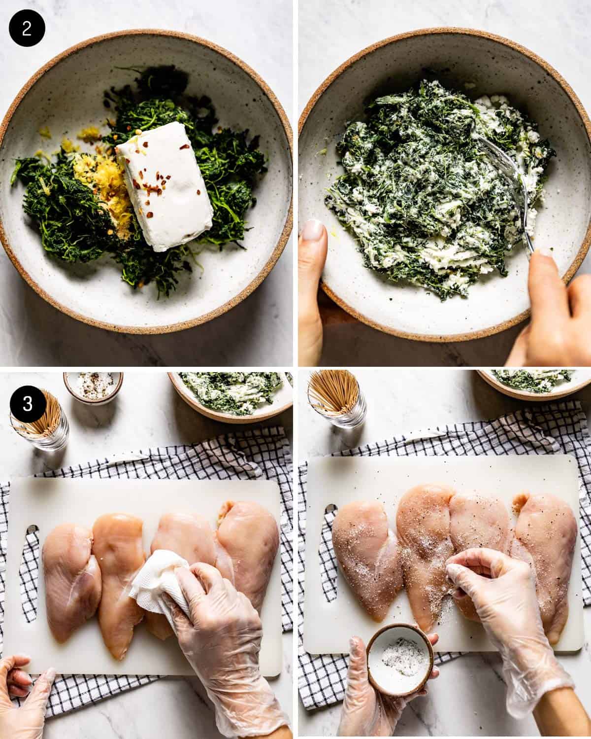 A person making a spinach and goat cheese mixture and seasoning chicken breasts. 