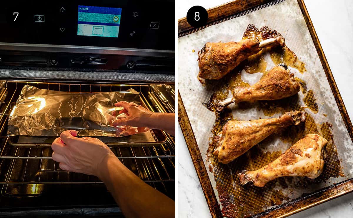 A person showing how to cook turkey legs in the oven.