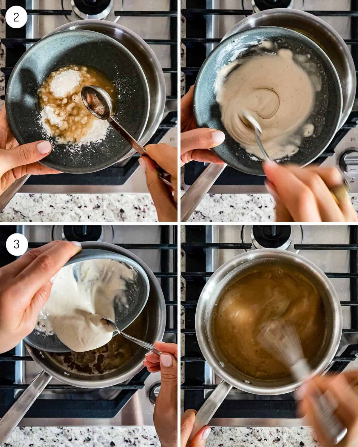 A person showing how to make brown gravy from scratch on the stove. 