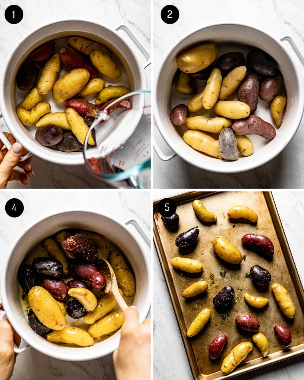 A person showing how to make par boiled potatoes from the top view.