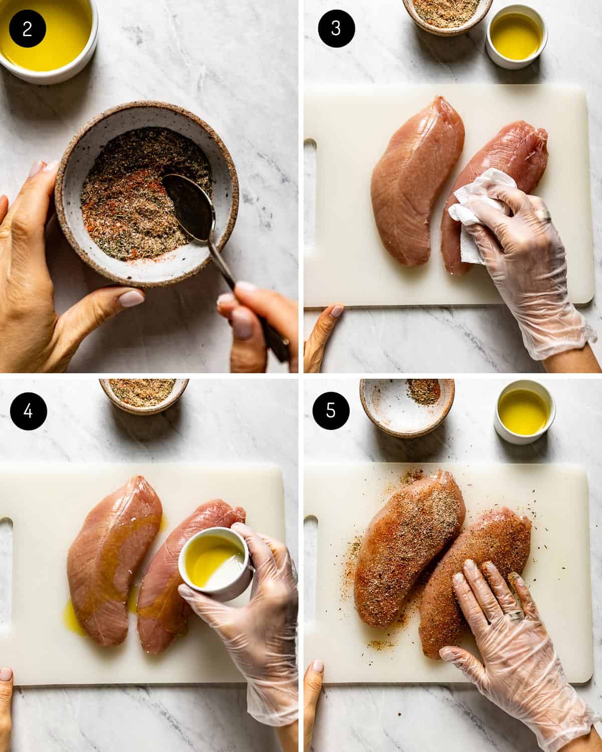 A person showing how to season turkey meat to prepare for baking. 
