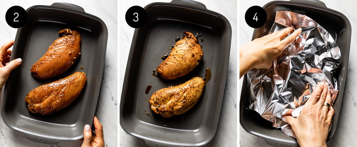 A person baking turkey tenderloin in a roasting pan from the top view.